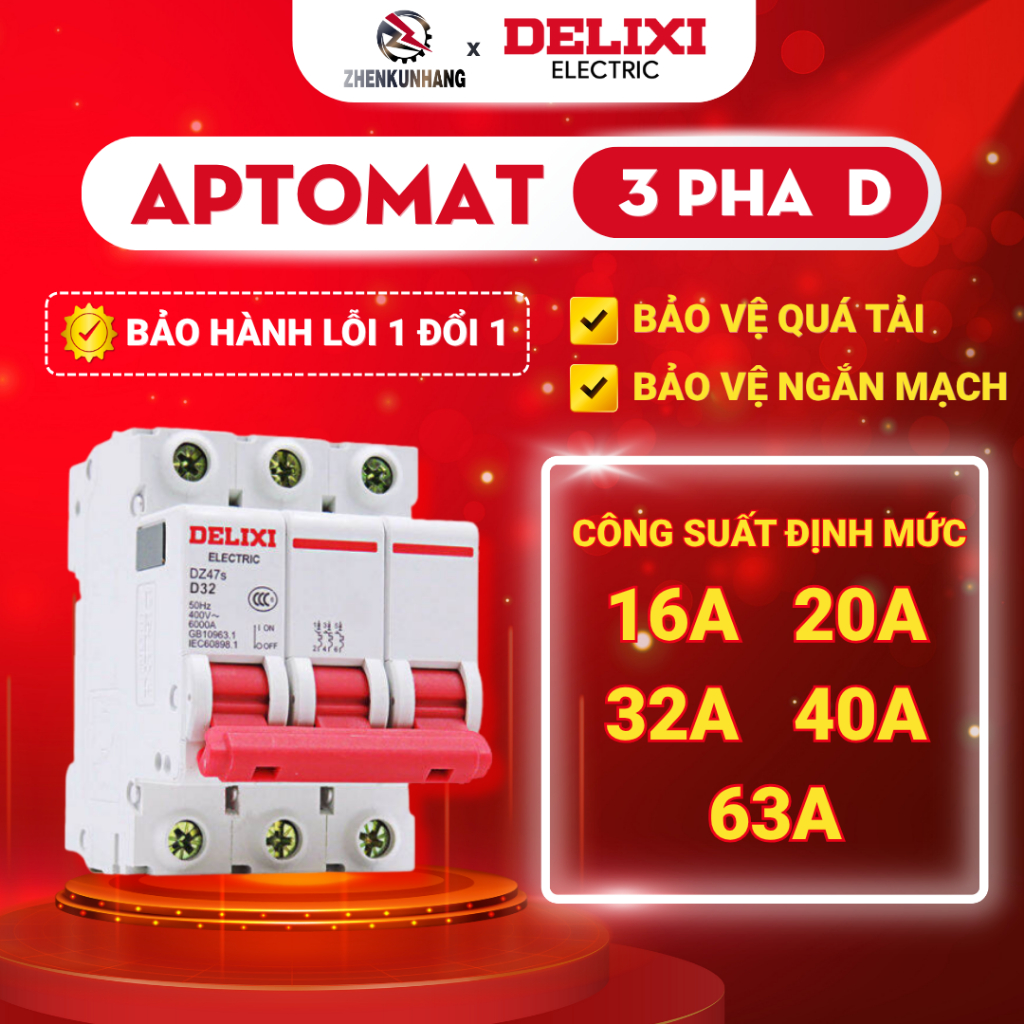 Aptomat 3 pha Delixi DZ47s Dòng Điện D16/20/32/40/63A Điện Áp 230/400V AC MCB