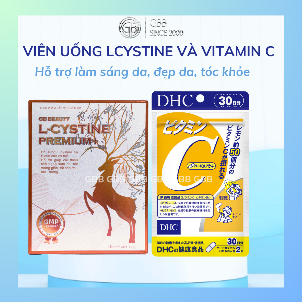 Combo Giúp mọc tóc, cải thiện da tối màu GB Beauty L cystine Premium + 60 viên/hộp và Vitamin C DHC 