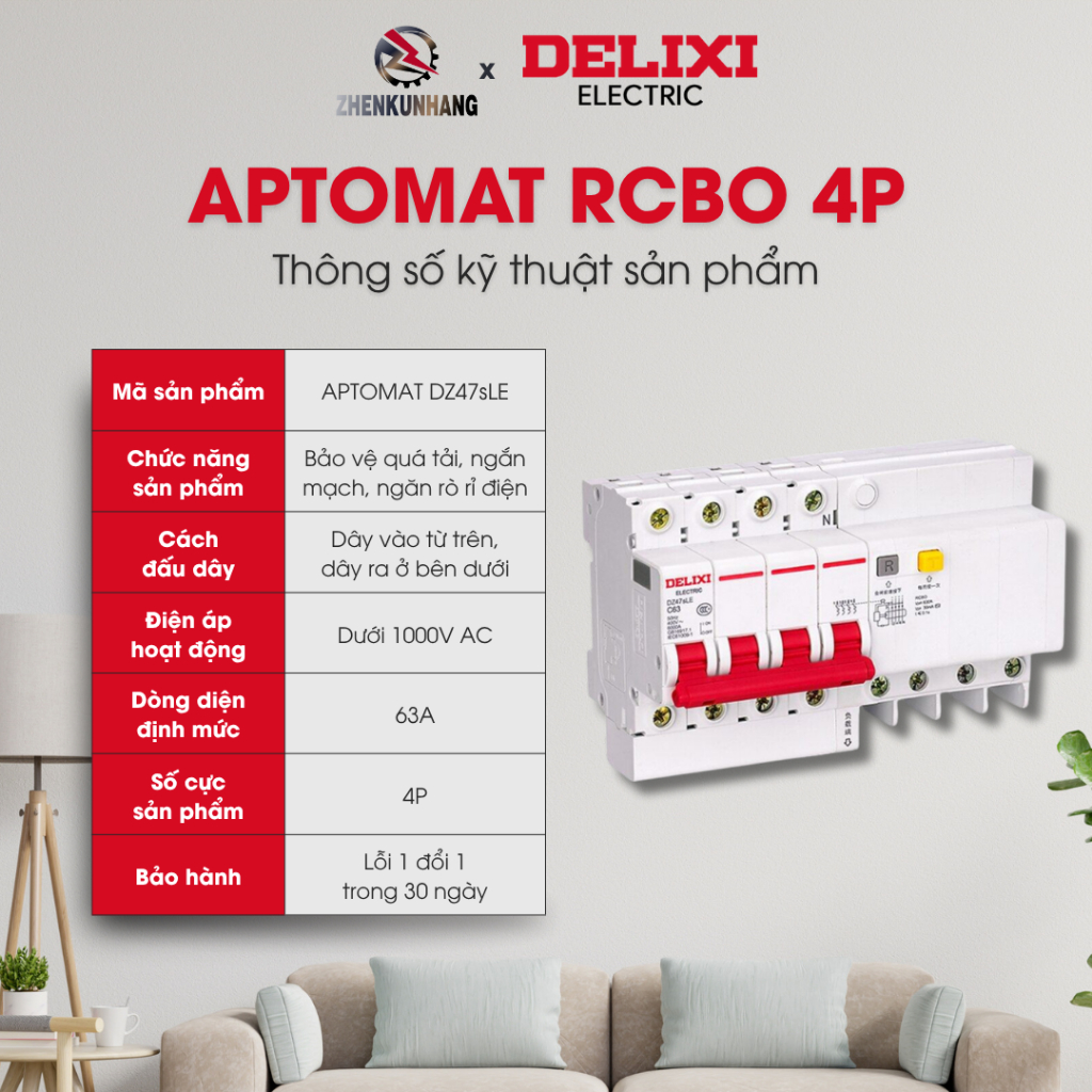 Aptomat DELIXI RCBO DZ47sLE 4P C63