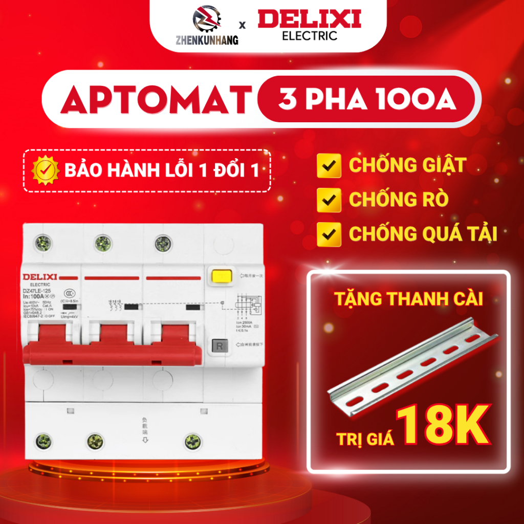 Aptomat chống dò điện, chống quá tải 3 pha 3 cực 100A chính ahxng DELIXI mã DZ47LE-1253N