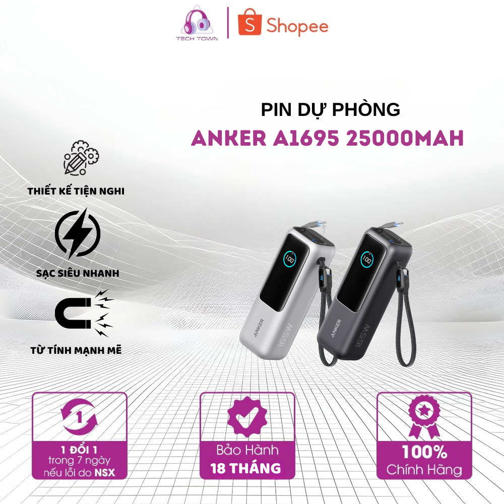 Pin Dự Phòng ANKER Zolo A1695 25000mAh 165W - Tích Hợp 2 Dây Type-C Rút Gọn, Màn Hình Hiển Thị