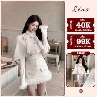  Set Áo Choàng Phối Nơ Kèm Áo Len Tăm Mix Chân Váy Phối Lông Trắng Sang Chảnh Lena LN0019 