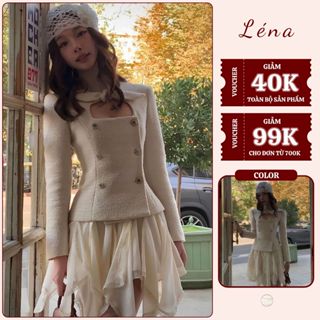  Set Áo Dạ Tweed Khoét Ngực Thắt Nơ Kèm Chân Váy Xoè Tiểu Thư Mặc Tết Đi Chơi Dự Tiệc Léna TW3086 