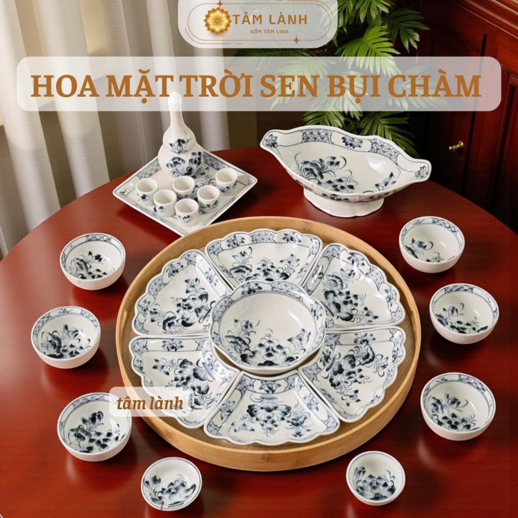 Bộ bát cúng gia tiên gốm sứ bát tràng,bộ bát đĩa hoa mặt trời, bát đĩa thờ cúng,bát đĩa thắp hương S