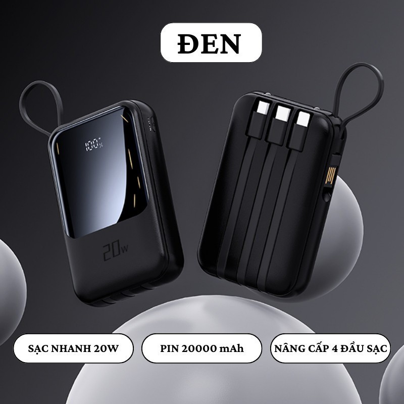Pin dự phòng 20000mAh màu đen mới 20w Sạc nhanh có thể sạc 4 thiết bị cùng một lúc