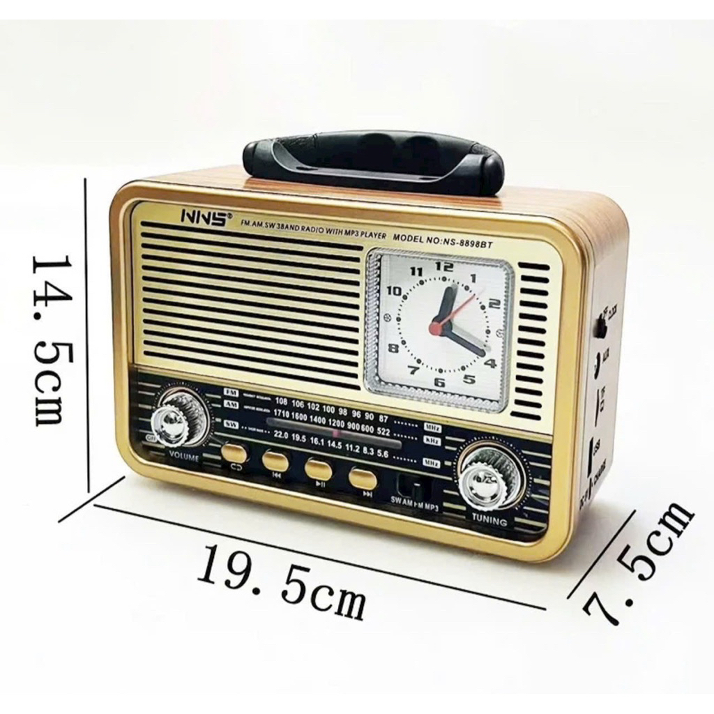 Đài FM Radio Bluetooth NS8898BT Có Đồng Hồ Cổ Điển , Loa Thẻ Nghe Nhạc-bảo hành 6 tháng