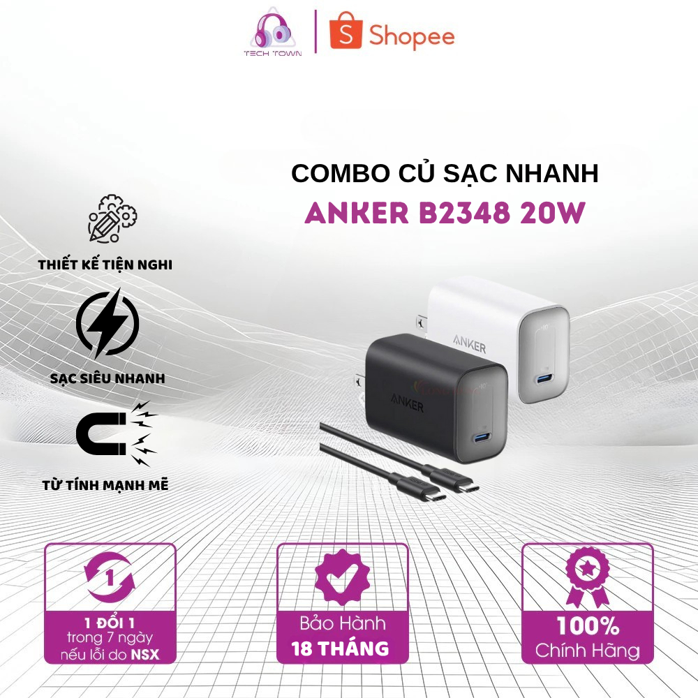 Combo Củ Sạc Nhanh 1C+1A Kèm Cáp C to C ANKER B2348 – 20W, PowerIQ™ 3.0, ActiveShield™, MultiProtect