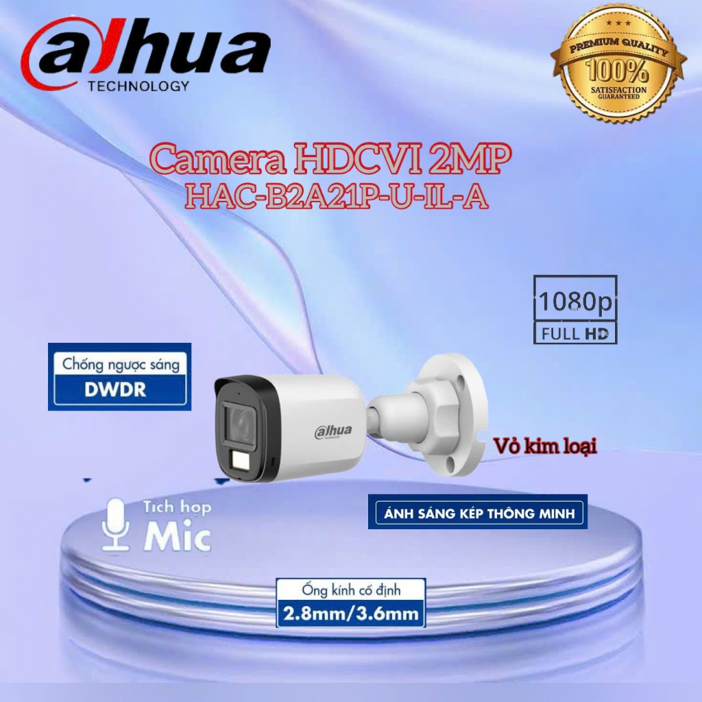 Camera HDCVI 2MP DAHUA DH-HAC-B2A21P-U-IL-A  ( VỎ KIM LOẠI ) CÓ MÀU - CÓ MIC