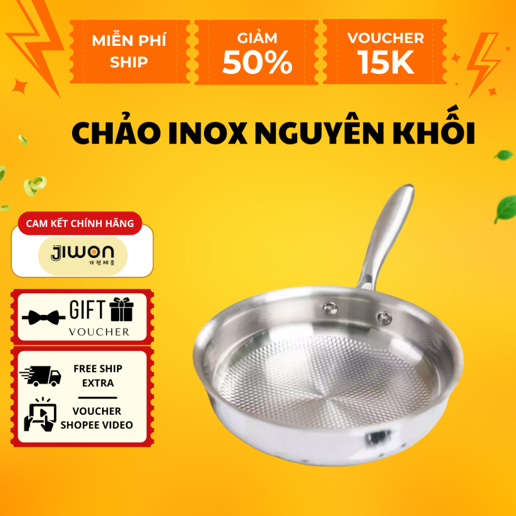Chảo Inox Nguyên Khối 5 Lớp Jiwon Chống Dính Vân Tổ Ong, Siêu Bền, Dùng Cho Mọi Loại Bếp Chính Hãng