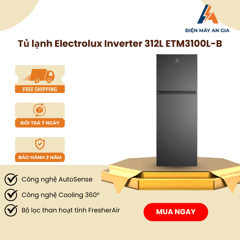 Tủ lạnh Electrolux ETM3100L-B - Dung Tích 331L - Màu Đen Nhám - Bộ Lọc Than Hoạt Tính - PEB
