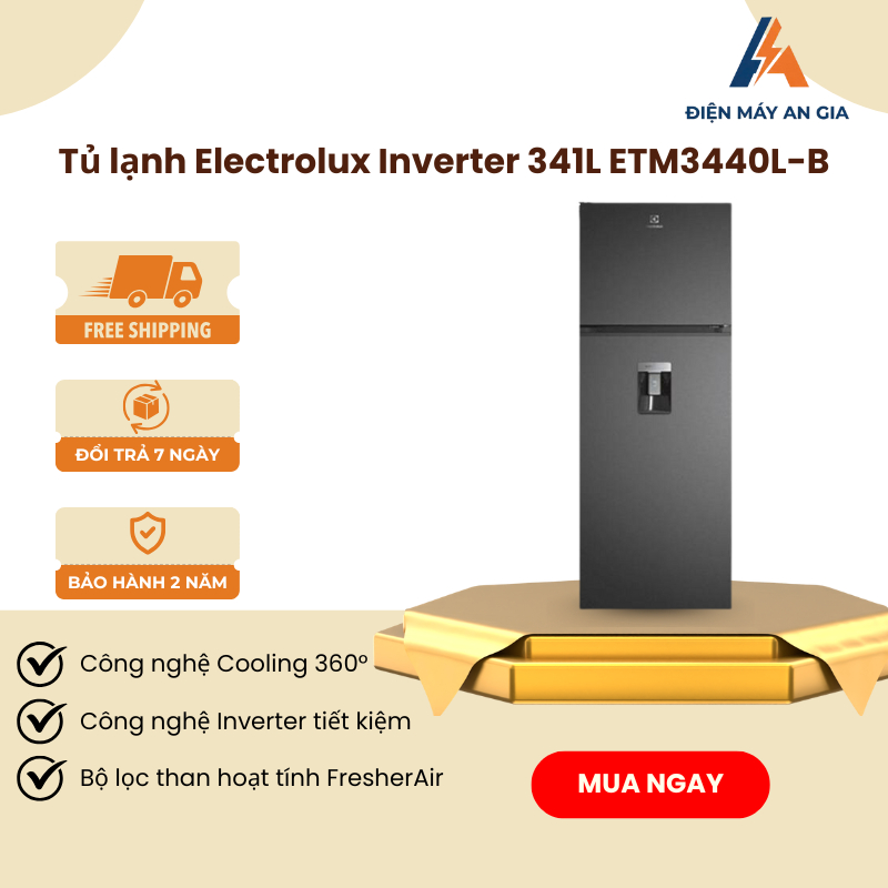 Tủ Lạnh Electrolux Inverter 341L ETM3440L-B - Bộ Lọc Than Hoạt Tính FresherAir - PEB
