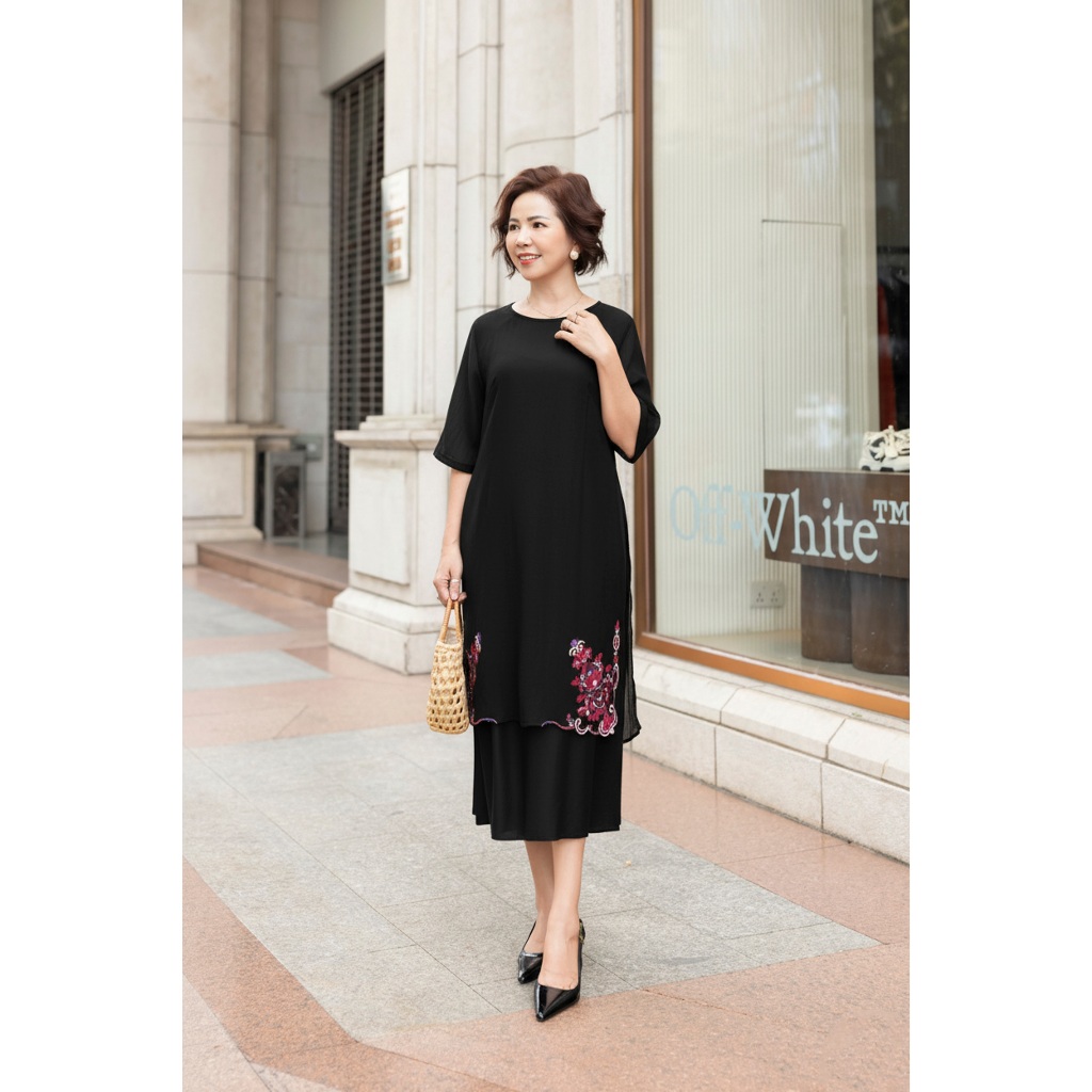 M COLLECTION | Váy Đầm Nữ Trung Niên Tặng Mẹ Suông Vải Tơ Xốp 2 Tà Tay Lỡ Thêu Hoa Đi Tiệc D12311 | BigBuy360 - bigbuy360.vn