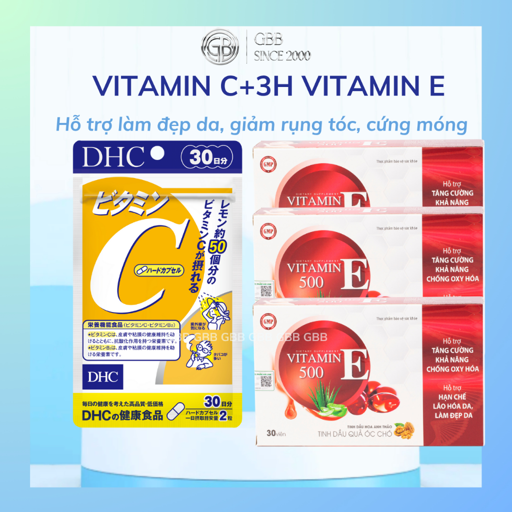Combo Viên uống DHC Vitamin C + Vitamin E hỗ trợ làm đẹp da, nâng tone da, chống lão hóa