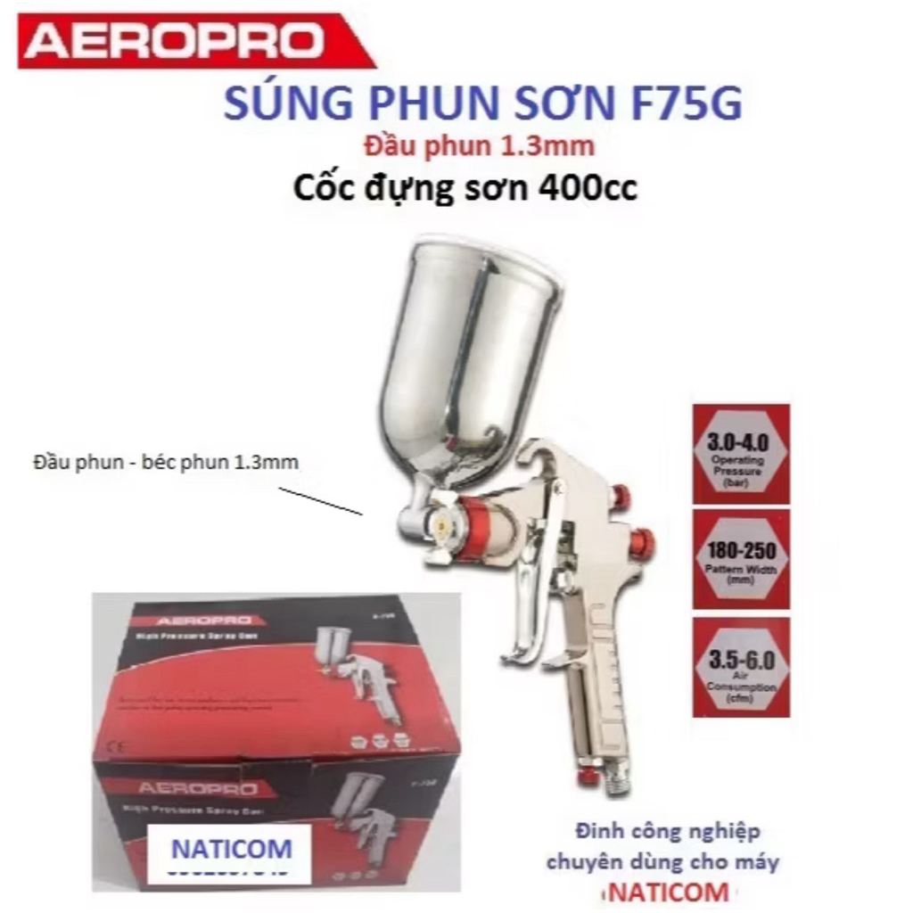 Súng phun sơn F75G AEROPRO đầu phun 1.3mm cốc đựng sơn 400cc