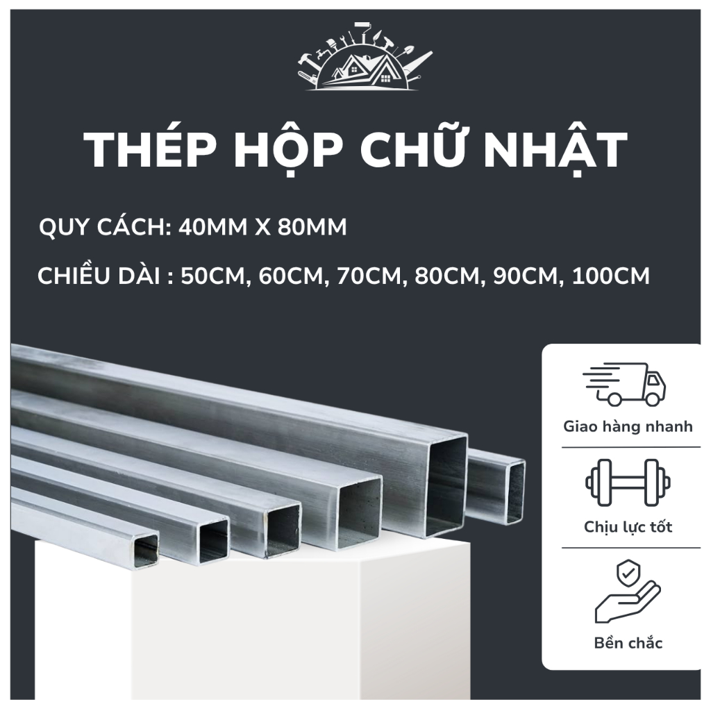 Thép hộp chữ nhật 40mm x 80mm, chiều dài 50cm, 60cm, 70cm, 80cm, 90cm, 100cm