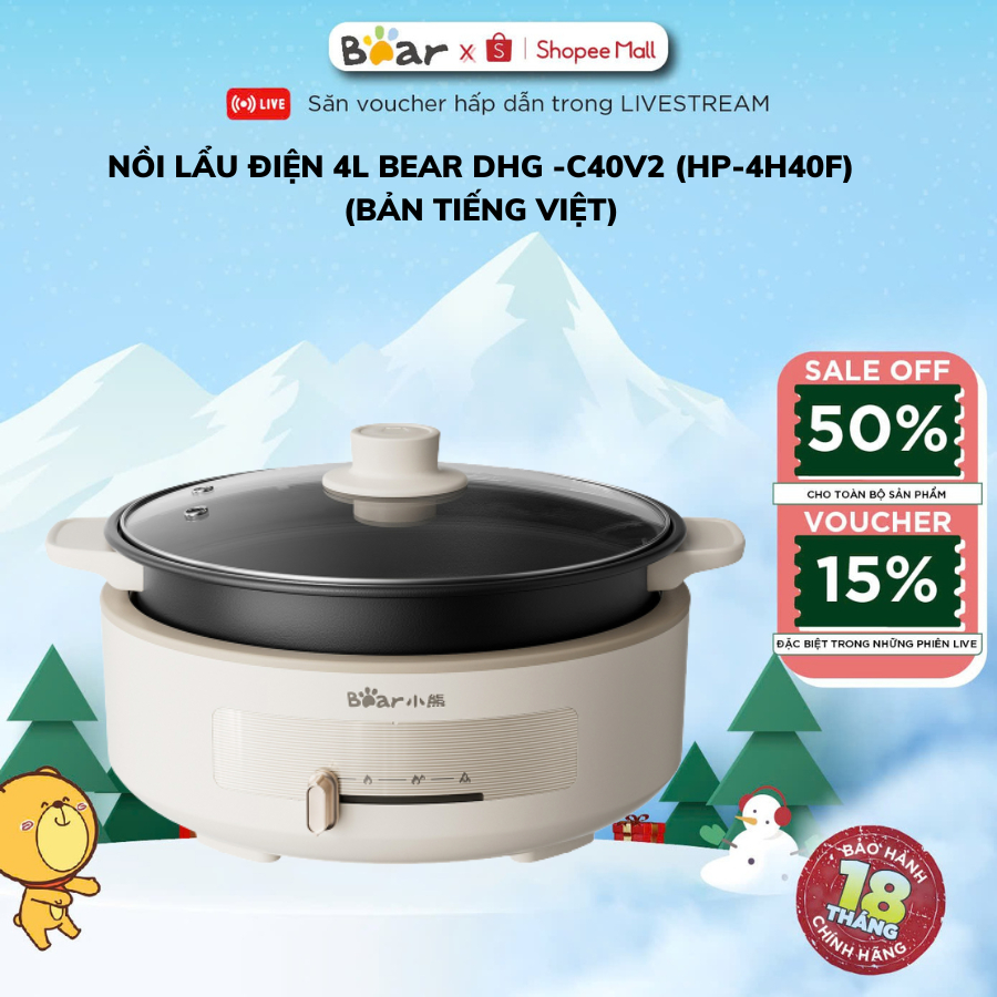 Nồi Lẩu Điện 4L Đa Năng Bear HP-4H40F (DHG-C40V2), 1500W, Tháo Rời Đế, Chống Dính, Bảo Hành 18 Tháng