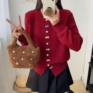  Áo khoác len cardigan nữ cúc nơ mềm mịn hàng QC thu đông màu kem xanh hồng xám đỏ - LAROSA 