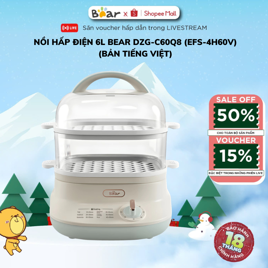Nồi hấp điện 2 tầng 6L đa năng Bear EFS-4H60V (DZG-C60Q8), 650W, Hấp Xôi- Bánh bao,Bảo Hành 18 Tháng