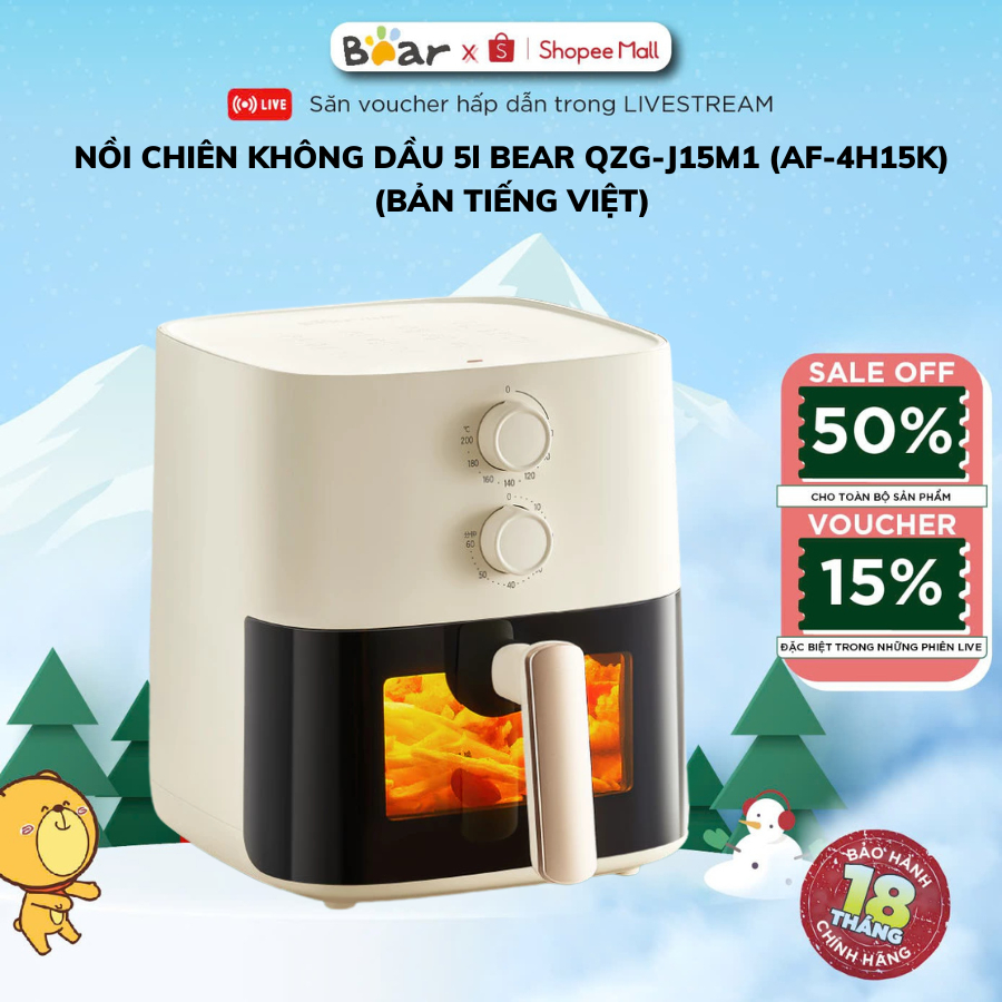 [BẢN TIẾNG VIỆT] Nồi Chiên Không Dầu 5L Bear QZG-J15M1 (AF-4H15K) -1500W-Cửa Kính Trong Suốt-Vặm Núm