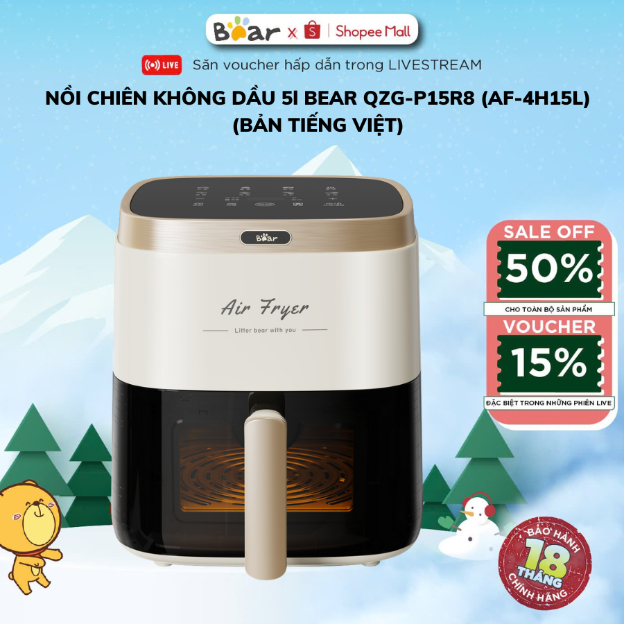 [BẢN TIẾNG VIỆT] Nồi Chiên Không Dầu 5L Bear AF-4H15L (QZG-P15R8), CSuất 1500W, Điều Khiển Cảm Ứng