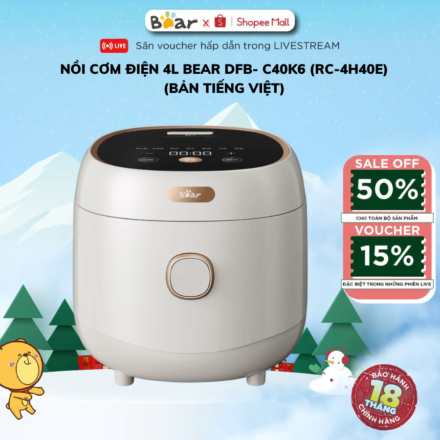 Nồi Cơm Điện 4L Bear RC-4H40E (DFB-C40K6), 800W, Kèm Lồng Hấp, 6 Chế Độ, Lòng Nồi 5 Lớp Chống Dính