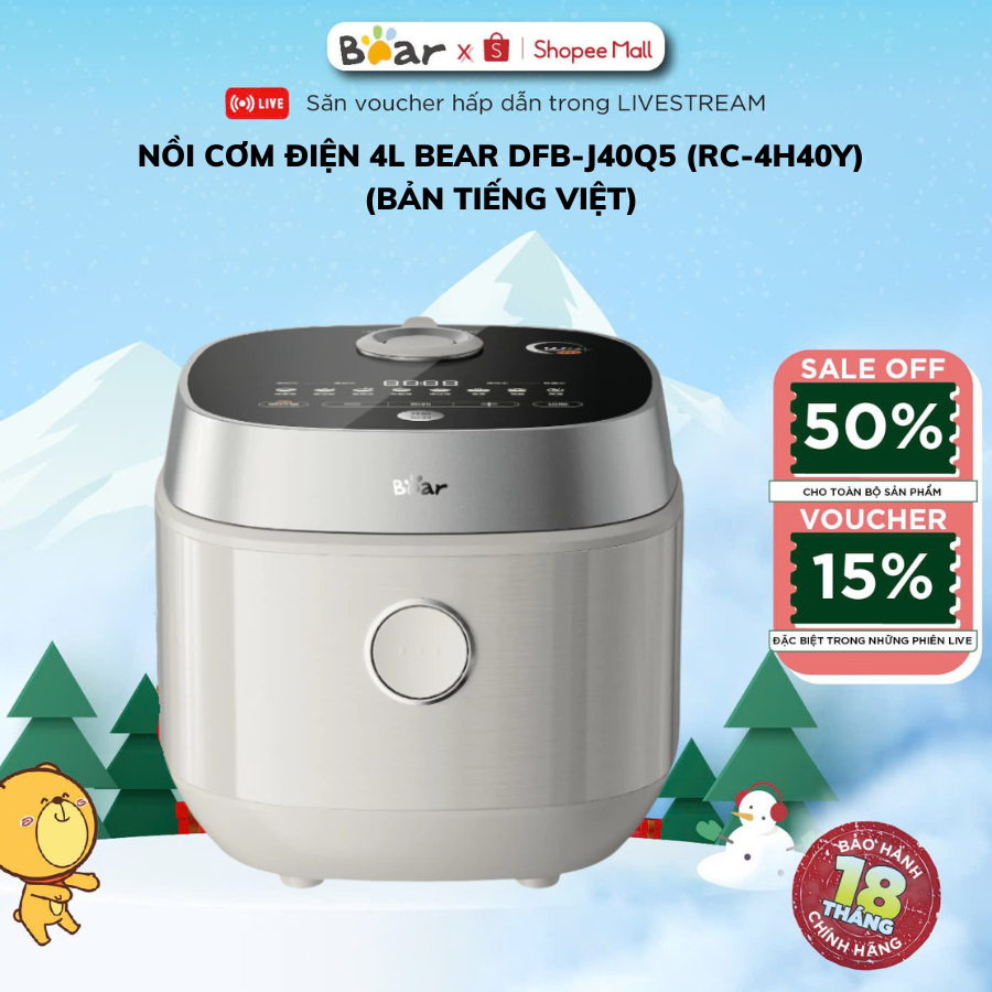 Nồi Cơm Điện Đa Năng 4L Bear RC-4H40Y (DFB-J40Q5), Lòng Nồi Gang Chống Dính,Kèm Lồng Hấp,BH 18 Tháng