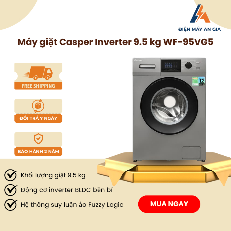 Máy Giặt Casper Inverter WF-95VG5 9.5Kg – Thép Không Gỉ – Công Nghệ Giặt Hơi Nước Steam Wash - PEB