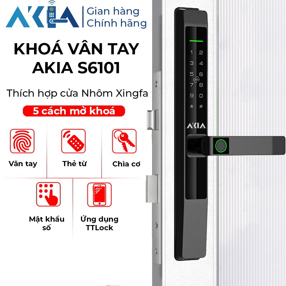 Khóa vân tay AKIA S6101 cho cửa nhôm Xingfa - Mở khóa vân tay, Mật khẩu, Thẻ từ, Ứng dụng TTLock, BH