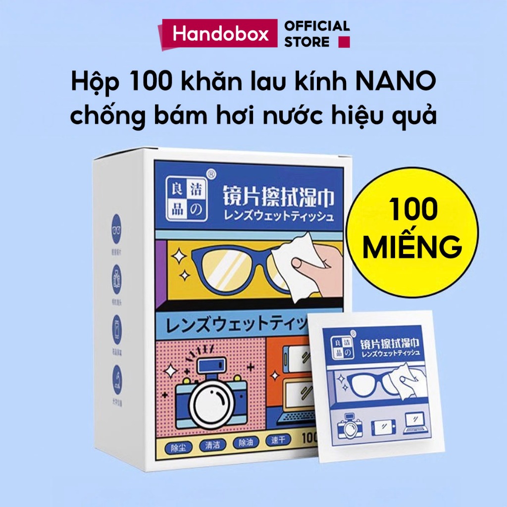 Hộp 100 Khăn Lau Kính Mắt Nano Handobox Giấy Lau Kính Cận Chống Bám Vân Tay Hơi Nước Bụi Bẩn Đa Năng
