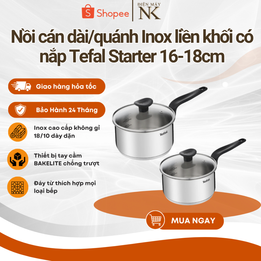 Nồi cán dài/quánh Inox liền khối có nắp Tefal Starter 16cm E3252295 | 18cm E3252395 - Hàng Chính Hãn