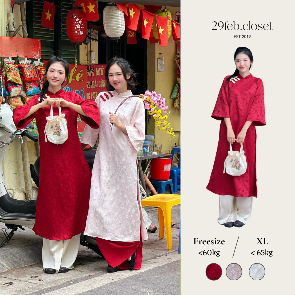 Áo dài lụa gấm Cẩm Chi họa tiết hoa nổi đính cúc sò kèm quần lụa Satin - 29feb.closet - AD005 | BigBuy360 - bigbuy360.vn