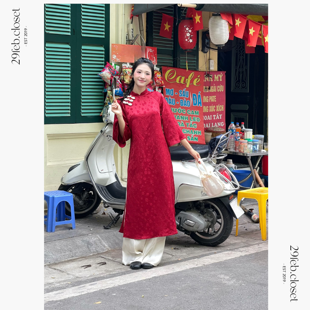 Áo dài lụa gấm Cẩm Chi họa tiết hoa nổi đính cúc sò kèm quần lụa Satin - 29feb.closet - AD005 | BigBuy360 - bigbuy360.vn