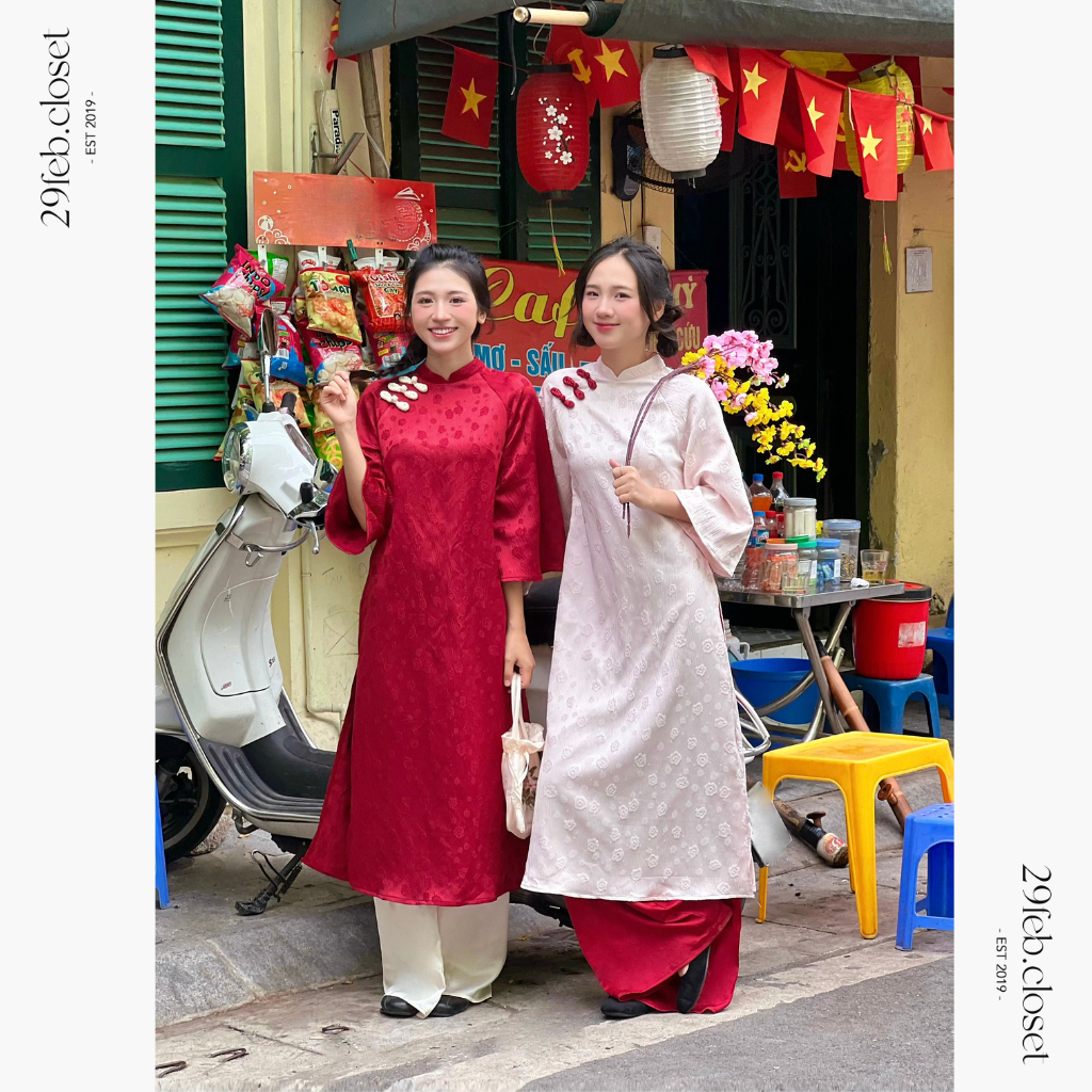 Áo dài lụa gấm Cẩm Chi họa tiết hoa nổi đính cúc sò kèm quần lụa Satin - 29feb.closet - AD005 | BigBuy360 - bigbuy360.vn