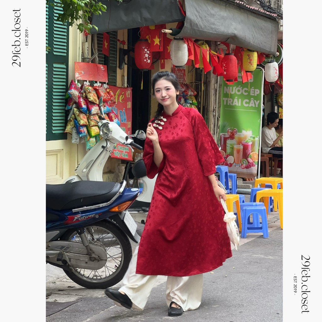 Áo dài lụa gấm Cẩm Chi họa tiết hoa nổi đính cúc sò kèm quần lụa Satin - 29feb.closet - AD005 | BigBuy360 - bigbuy360.vn