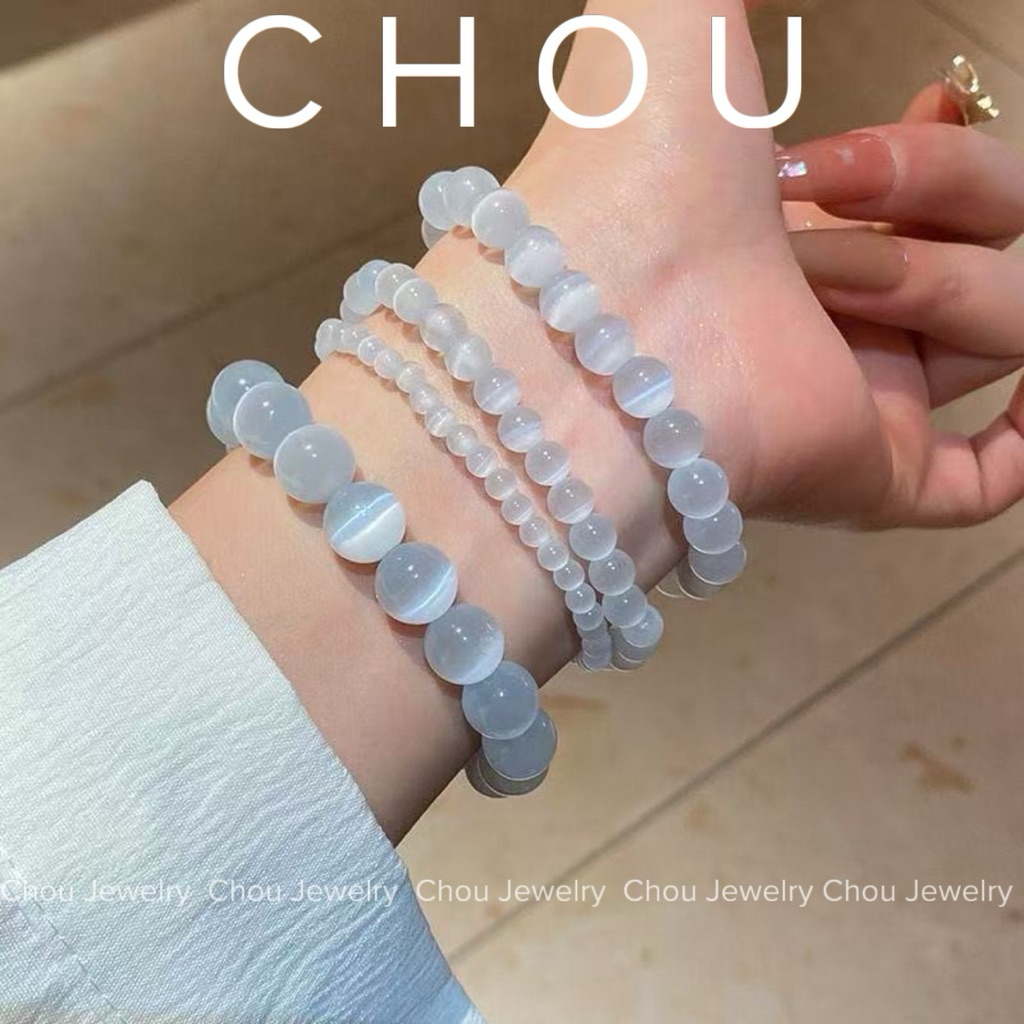 Vòng Tay đá mắt mèo trắng size 4mm,6mm,8mm,10mm,12mm Cao cấp -Chou Jewelry
