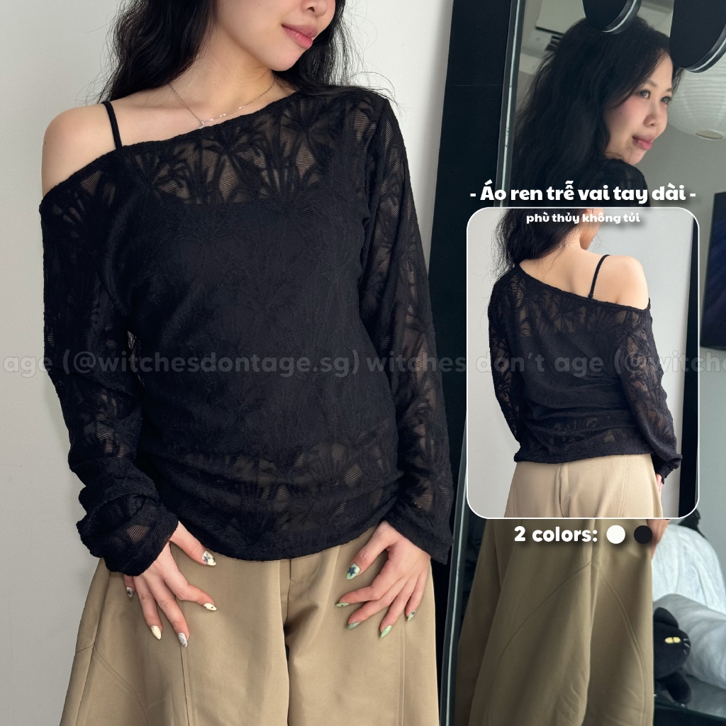 Áo ren trễ vai tay dài - Phù Thủy Không Tủi - Áo ren fullbody dáng rộng - Áo ren layer