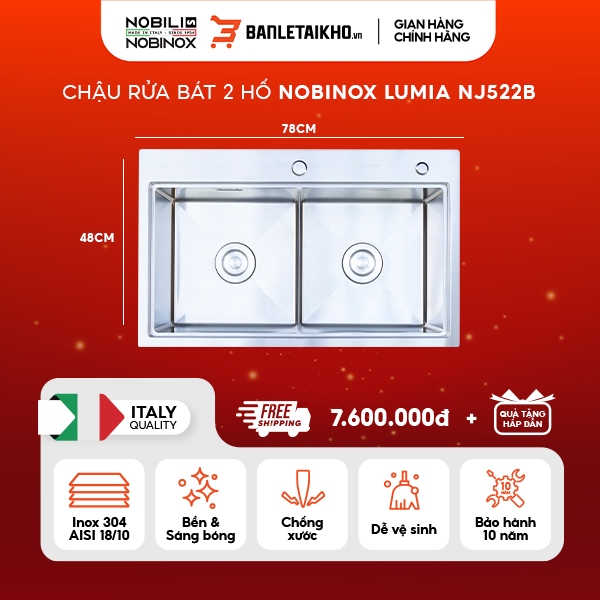 Chậu Rửa Bát 2 Hố Inox 304 NOBINOX LUMIA NJ522