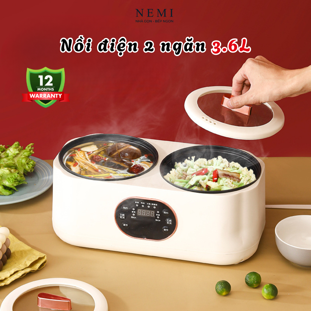 Nồi Điện Đa Năng 2 Ngăn, Nồi Cơm Điện Đôi 3L6 Công Suất 1200W, Nồi Cơm Điện Đa Năng Kèm Lẩu, Chiên x