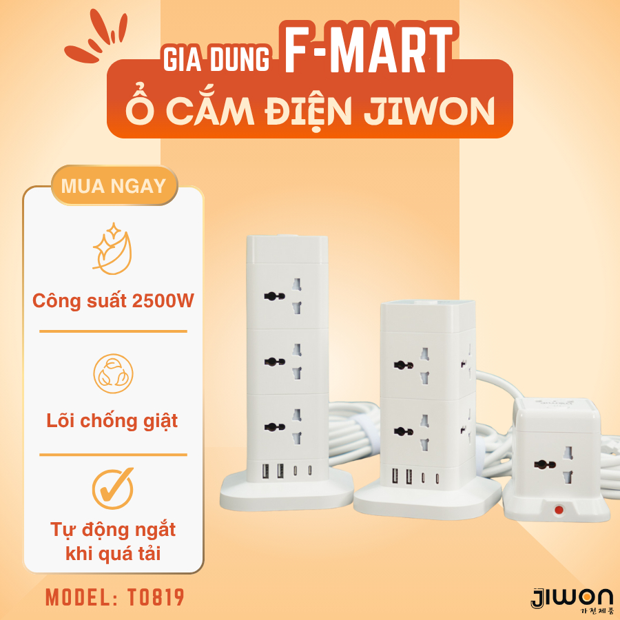 Ổ Cắm Điện Jiwon JWD-T0419 Công Suất 2500W Chống Giật Tự Ngắt Khi Quá Tải An Toàn Kèm Sạc Nhanh