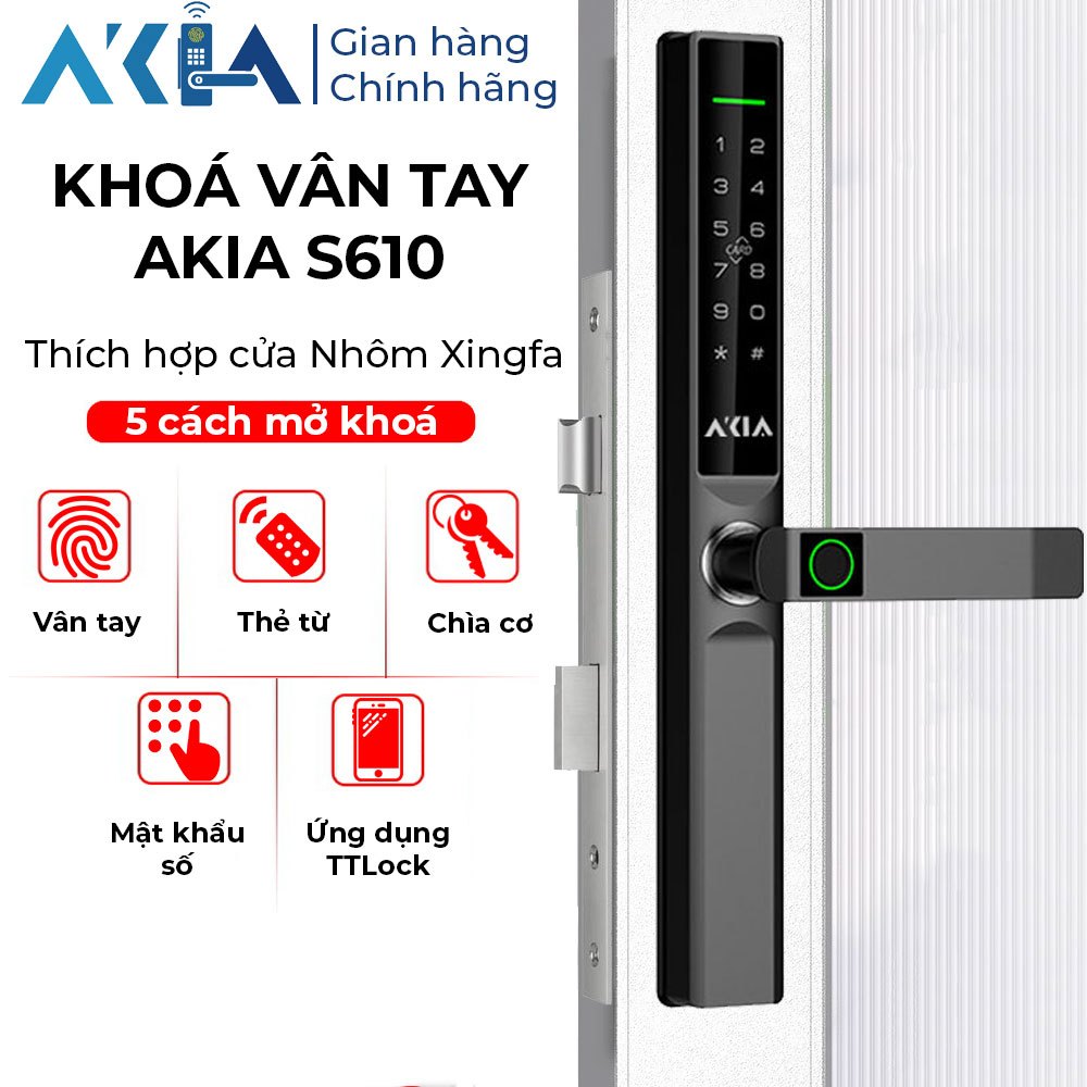 Khóa vân tay AKIA S610 dành cho cửa nhôm Xingfa - Mở khóa vân tay, Mật khẩu, Thẻ từ, Ứng dụng TTLock