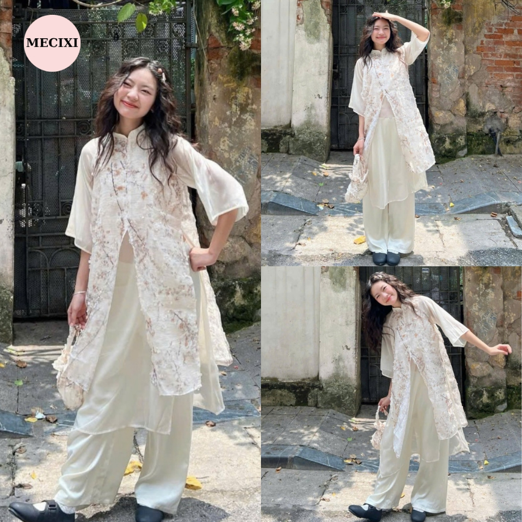 Áo Dài Gấm Hoa Nhí Họa Tiết Hoa Đào Mecixi Tay Voan Kèm Quần Dài Cạp Chun T032