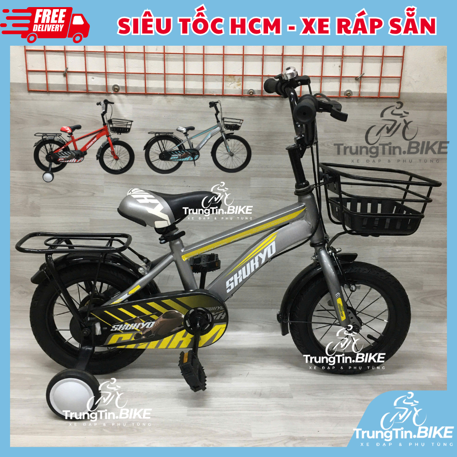 Xe Đạp Trẻ Em SHUKYO K8 Size 12–20 Inch – Xe Thể Thao Cho Bé Có Bánh Phụ, Giỏ Trước, Baga Sau, Màu Đ