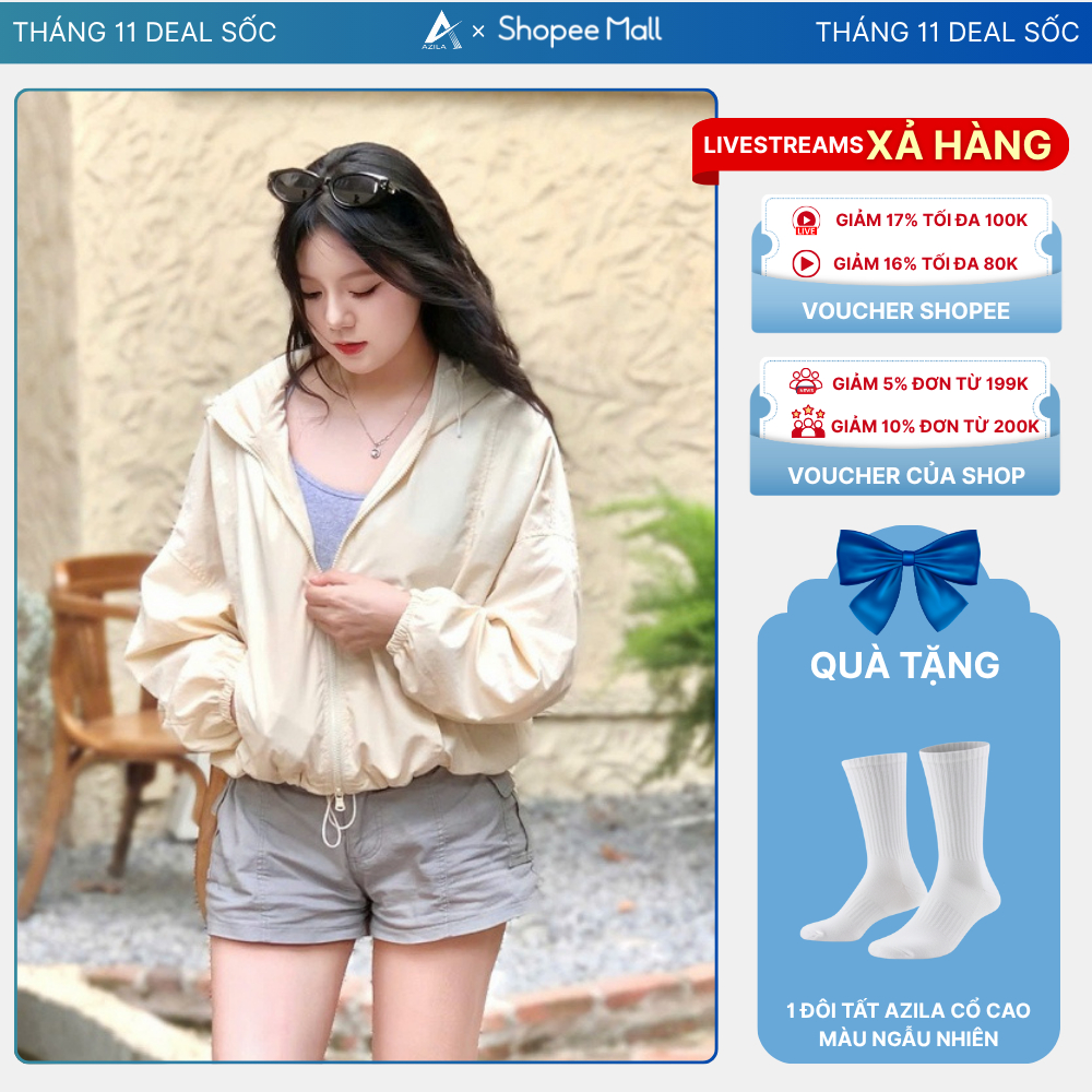   Cao Cấp  Áo Khoác dù nữ AZILA dáng lửng Có Mũ Dây Rút Chắn Gió Chống Nắng Hàn Quốc Form Croptop - G70 