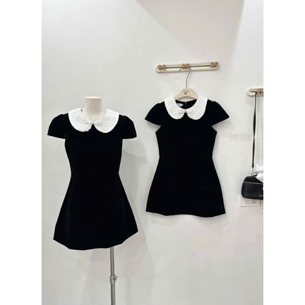 [Hàng 3 Size]: Váy Nhung Cổ Sen Ren Trắng Đính Nơ Đá Nhỏ Tay Cộc Gu Tiểu Thư-Ảnh Thật Lollaye | BigBuy360 - bigbuy360.vn