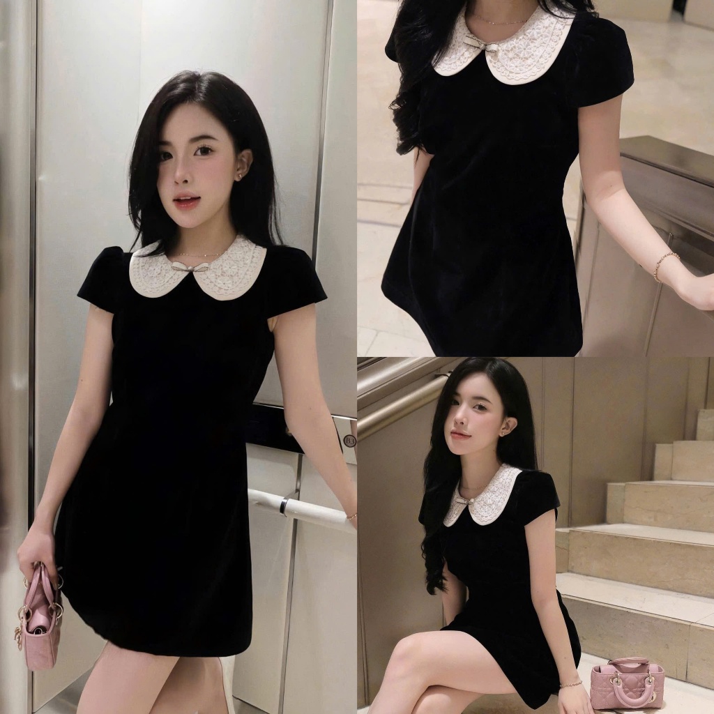 [Hàng 3 Size]: Váy Nhung Cổ Sen Ren Trắng Đính Nơ Đá Nhỏ Tay Cộc Gu Tiểu Thư-Ảnh Thật Lollaye