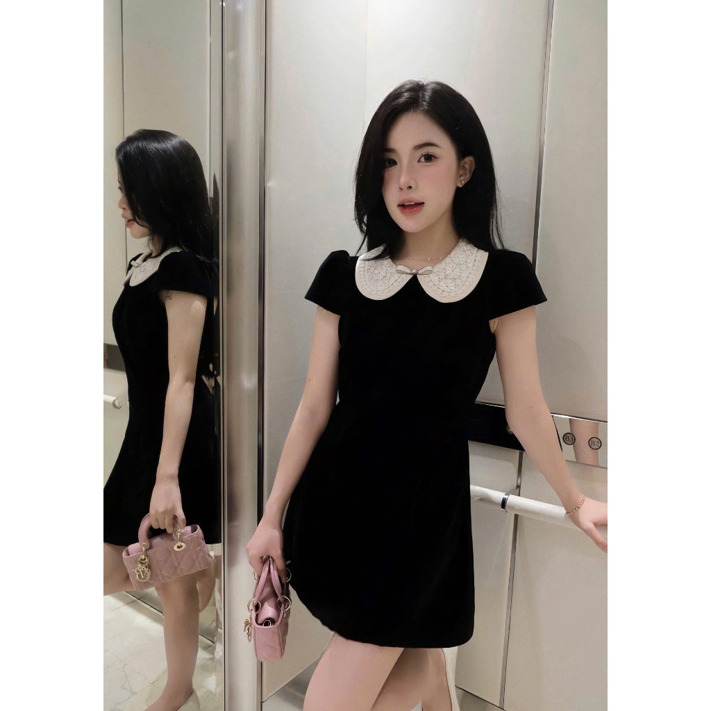 [Hàng 3 Size]: Váy Nhung Cổ Sen Ren Trắng Đính Nơ Đá Nhỏ Tay Cộc Gu Tiểu Thư-Ảnh Thật Lollaye | BigBuy360 - bigbuy360.vn