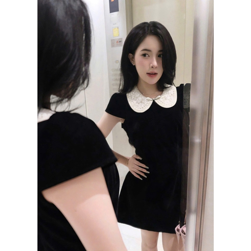 [Hàng 3 Size]: Váy Nhung Cổ Sen Ren Trắng Đính Nơ Đá Nhỏ Tay Cộc Gu Tiểu Thư-Ảnh Thật Lollaye | BigBuy360 - bigbuy360.vn