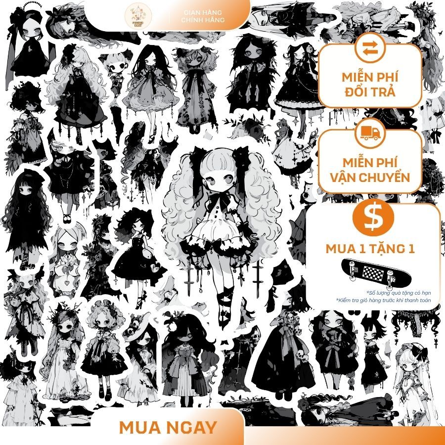 Bộ 50/100 Sticker Gothic Girl Đen Trắng Bộ Sticker Cô Gái Phong Cách Gothic Manga Decor Laptop, Bình
