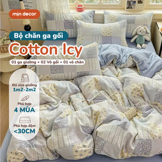  Bộ Chăn Ga Gối Cotton Icy Vintage Mịn Decor Bo Chun 10cm - Hoạ Tiết Hoa Lá Vintage Hàn Quốc 