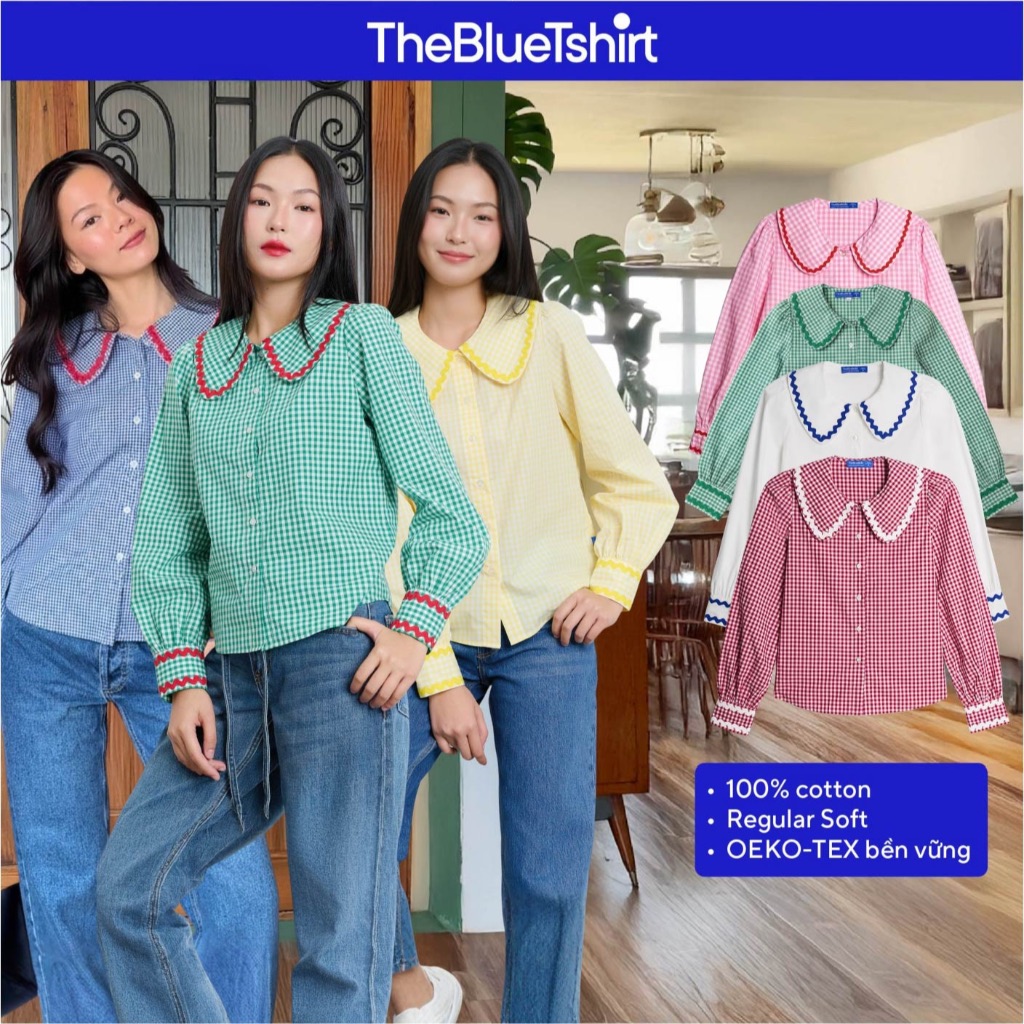 TheBlueTshirt - Áo sơ mi caro tay dài kiểu bèo tay nhún cho nữ - Jessie Shirt - Women | BigBuy360 - bigbuy360.vn